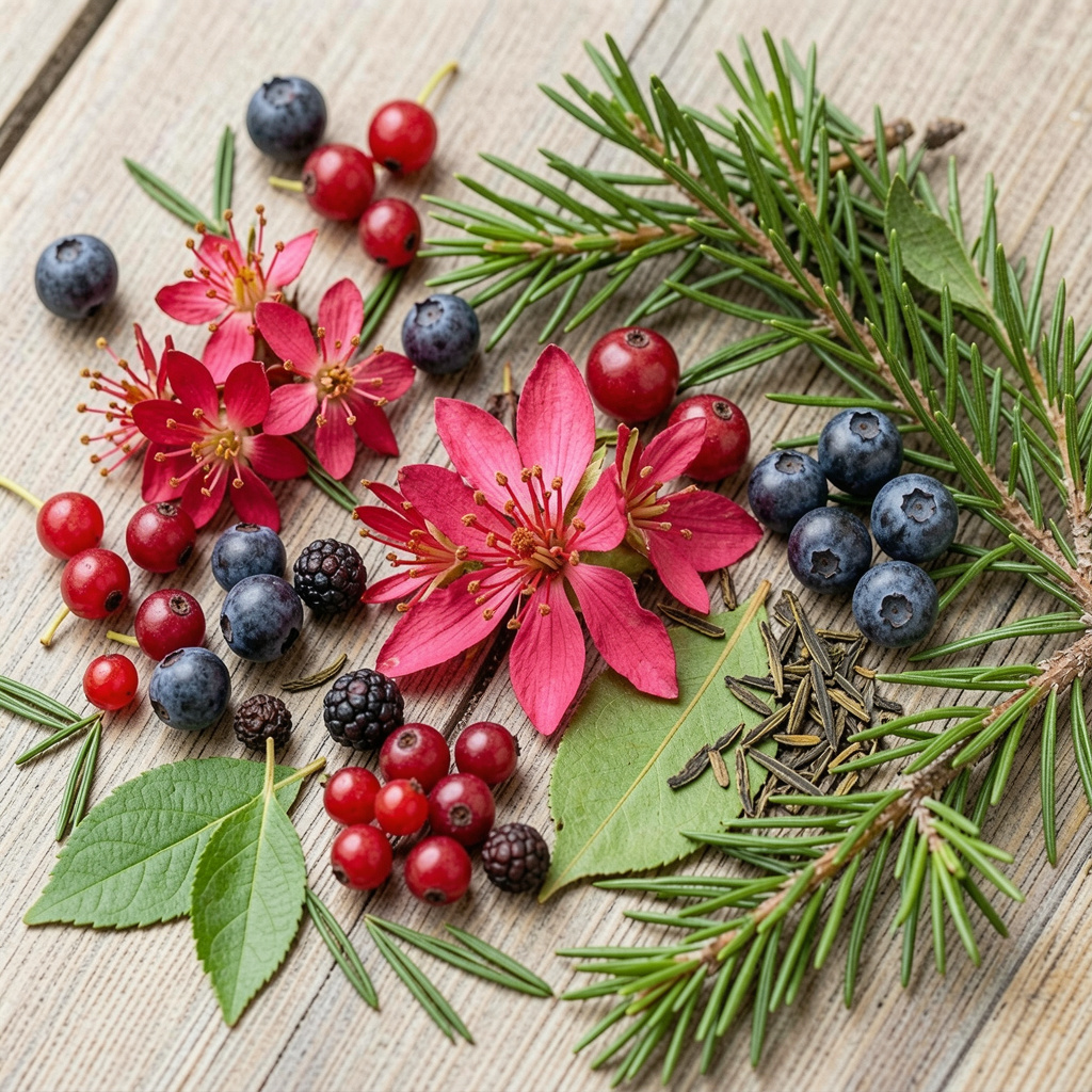 Fresh Nordic botanicals including Rhodiola rosea, wild berries, and green tea leaves arranged naturally