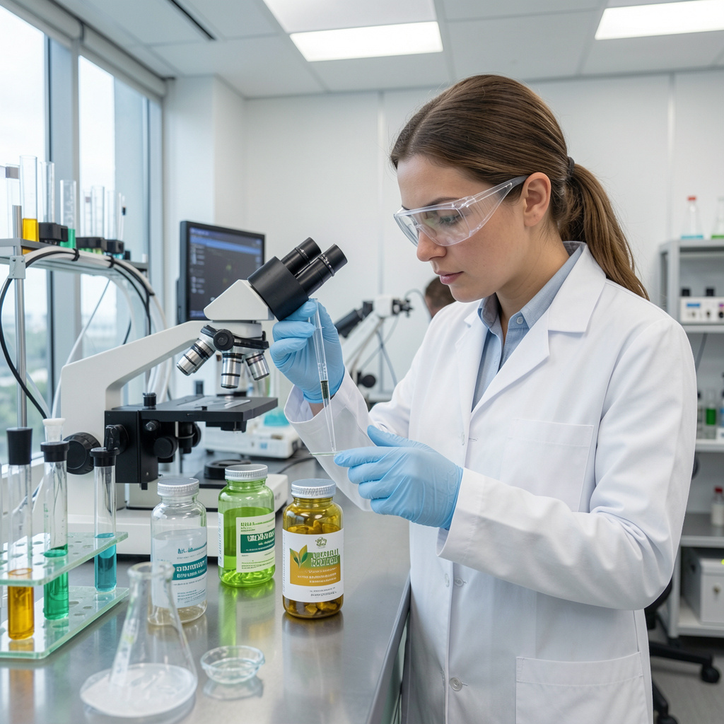 Modern laboratory with scientist testing natural supplement quality and purity